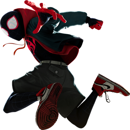 Miles Morales from Into the Spider-verse in his Spider-Man suit. He's jumping away from the camera.